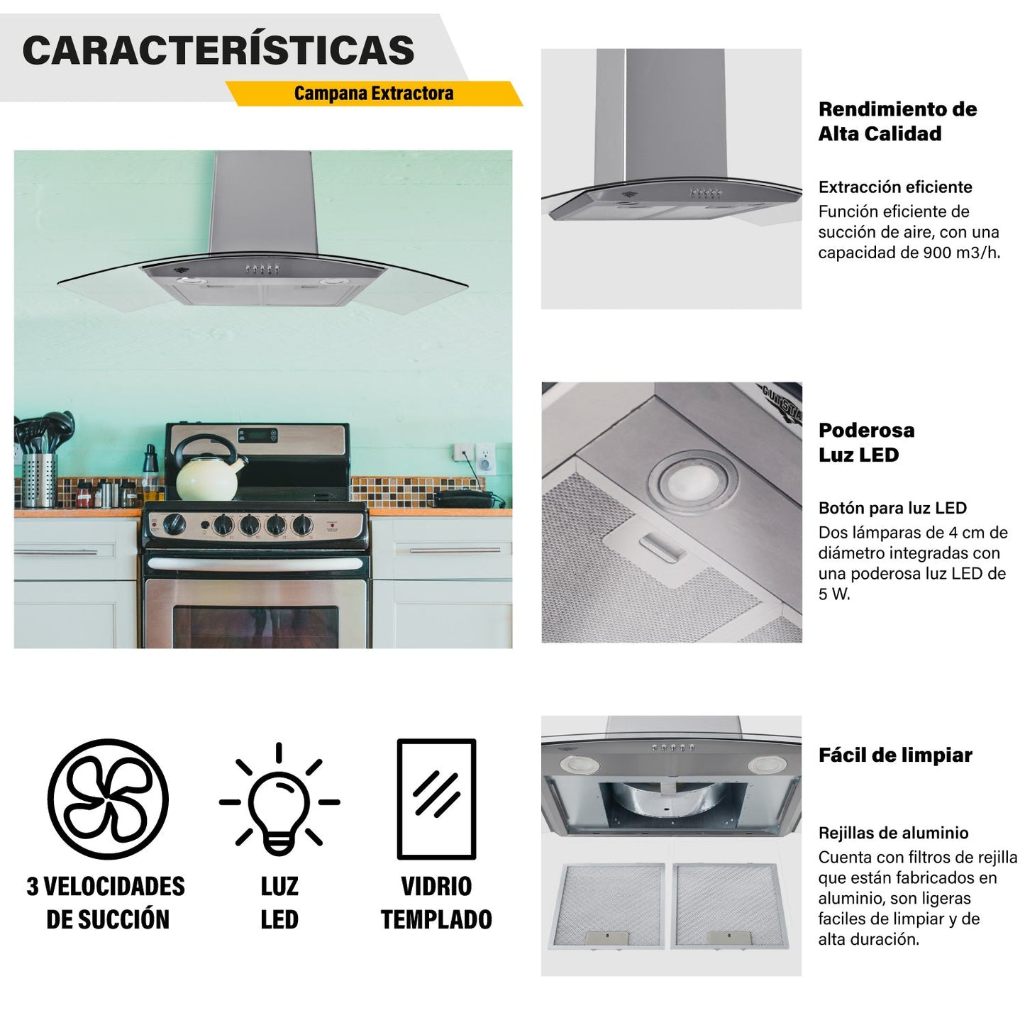 Campana Extractora Cocina 900mm Cristal Templado Acero Inox