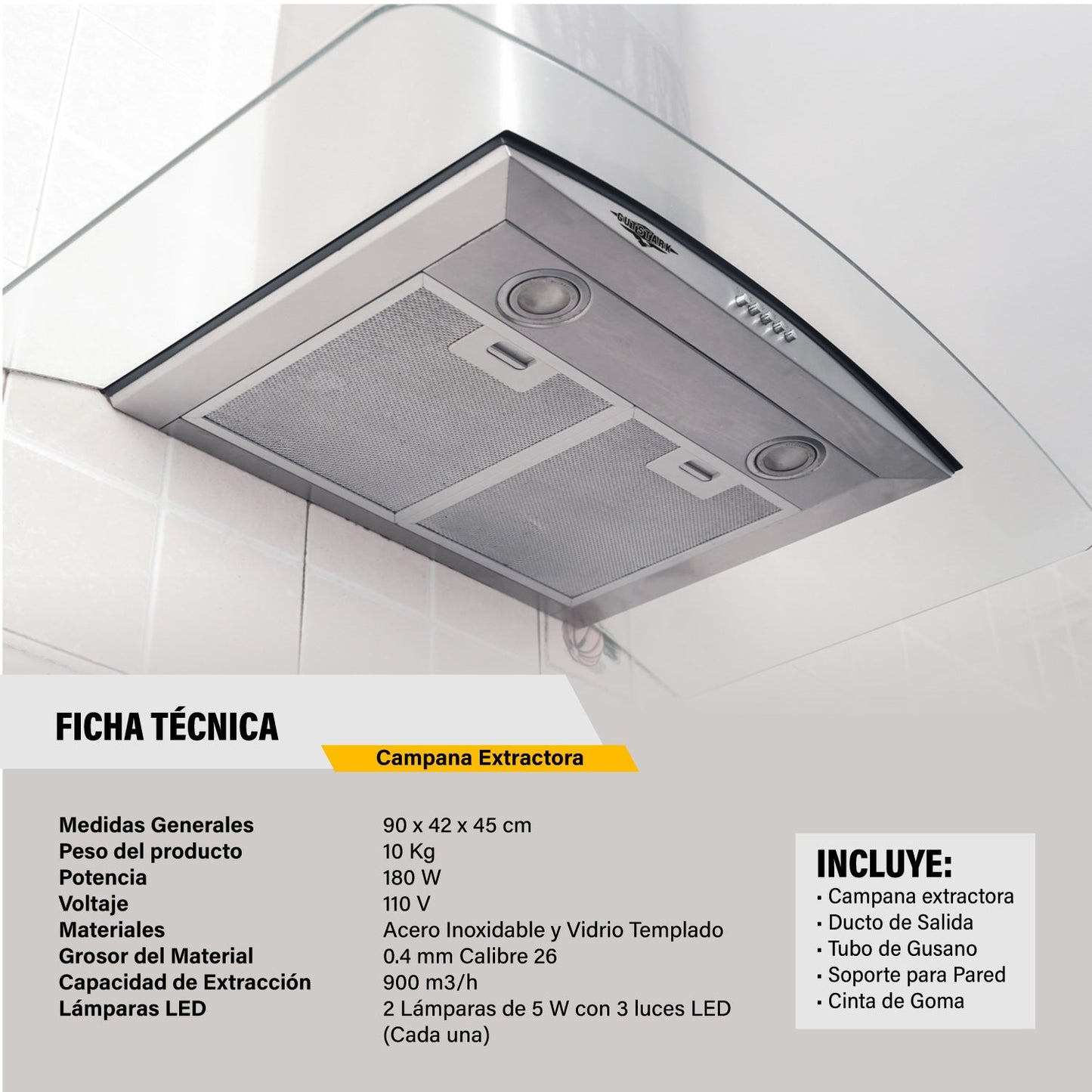 Campana Extractora Cocina 900mm Cristal Templado Acero Inox